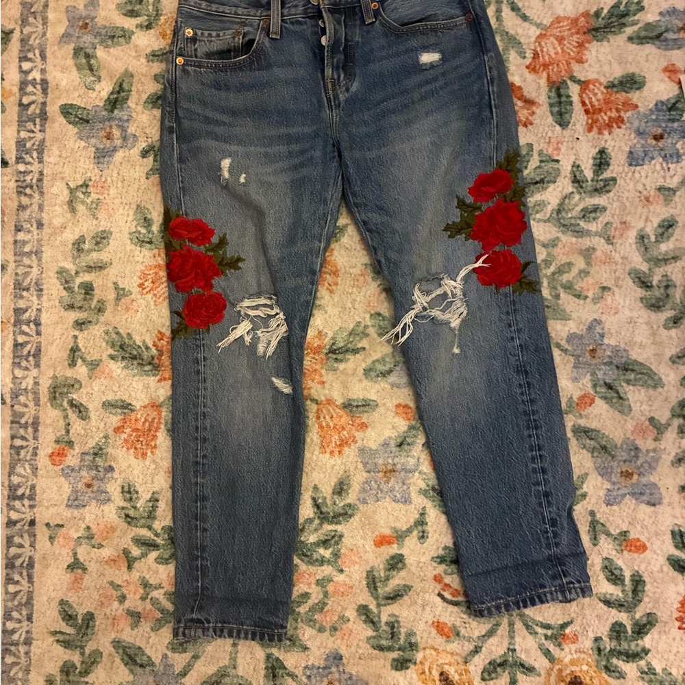 Levi's Blue Denim Boyfriend Jeans with Red Rose Embroidery